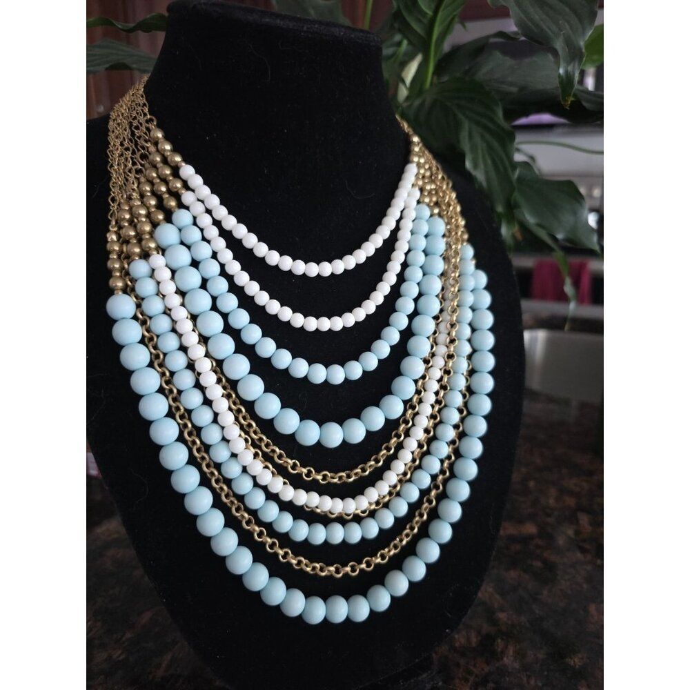 TALBOTS Layered Necklace  Blue White And Goldtone BEADS 10 Strand RARE